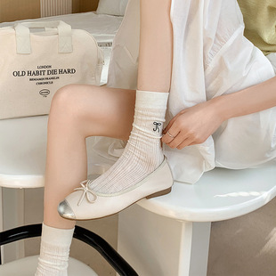 Spring and summer milk white thin JK socks women's tube socks ballet bow hollow pile socks all-match solid color
