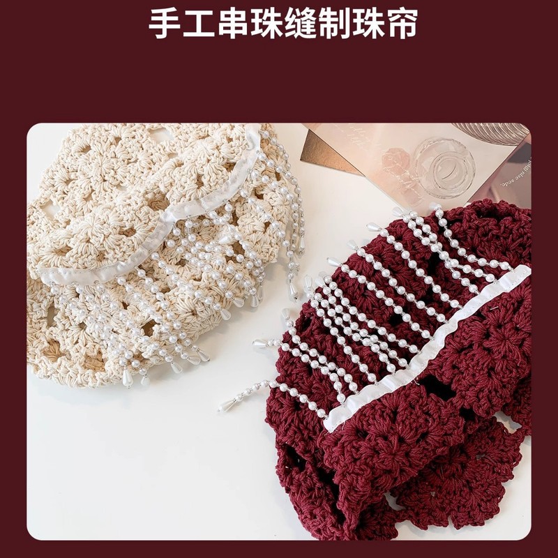 珍珠长流苏时装帽子手钩针织包头帽女春秋头巾帽瓜皮帽珍珠流苏|undefined