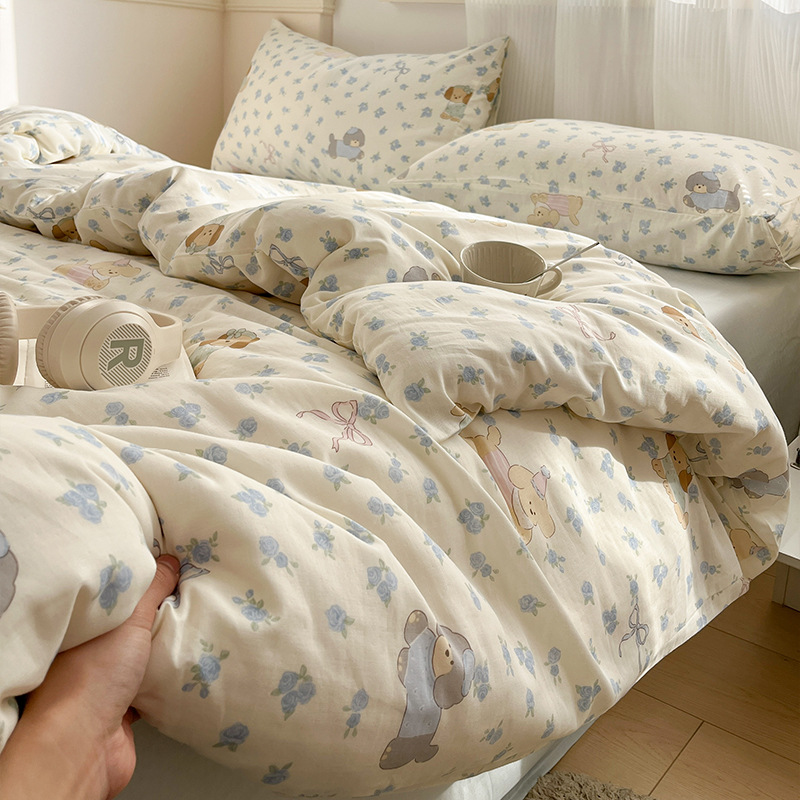 Juego de cuatro piezas de cama de algodón de hilo de doble capa 2025 nueva funda de edredón de sábana ropa de cama de dormitorio de estilo pastoral