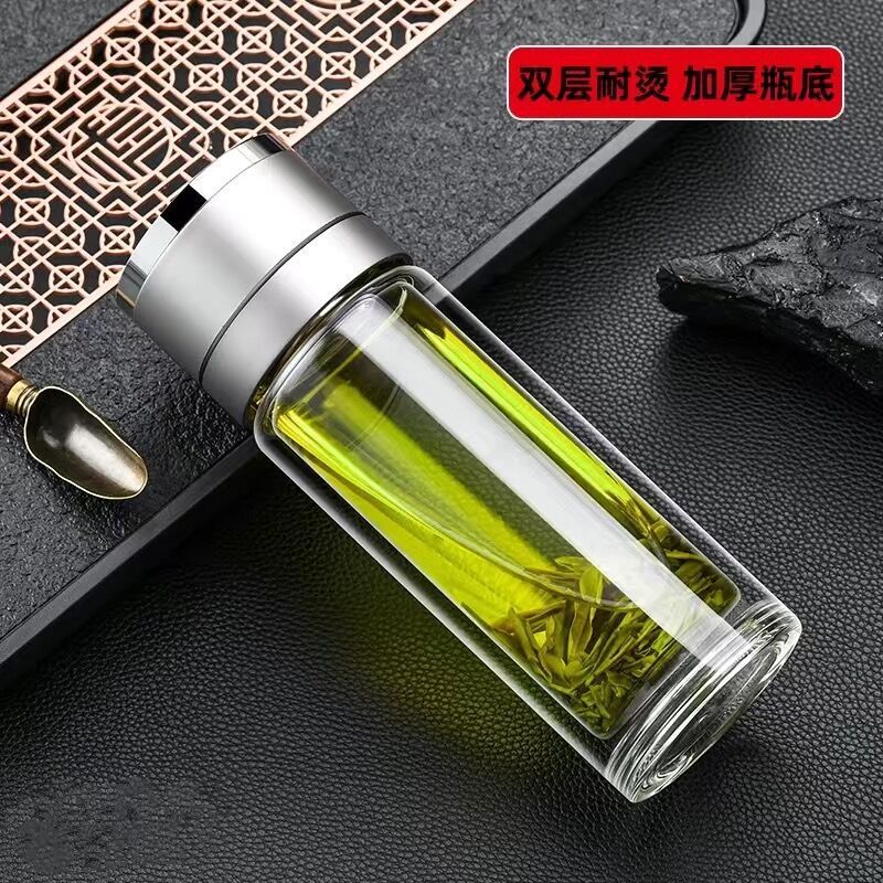 一键单手开盖玻璃杯茶水分离杯速开杯隔热加厚双层玻璃杯广告杯|undefined