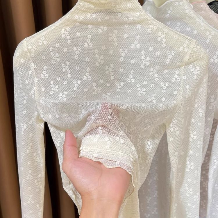 春秋木耳边高领蕾丝打底衫女高级感网纱毛衣叠穿内搭小衫镂空薄纱|undefined
