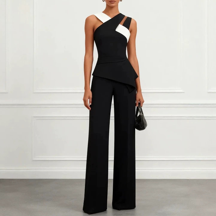 Cross-Border Hot-Selling Women's Set: Ins-Style Black and White Color-Blocking Design Cross-Strap Top + Black Wide-Leg Pants