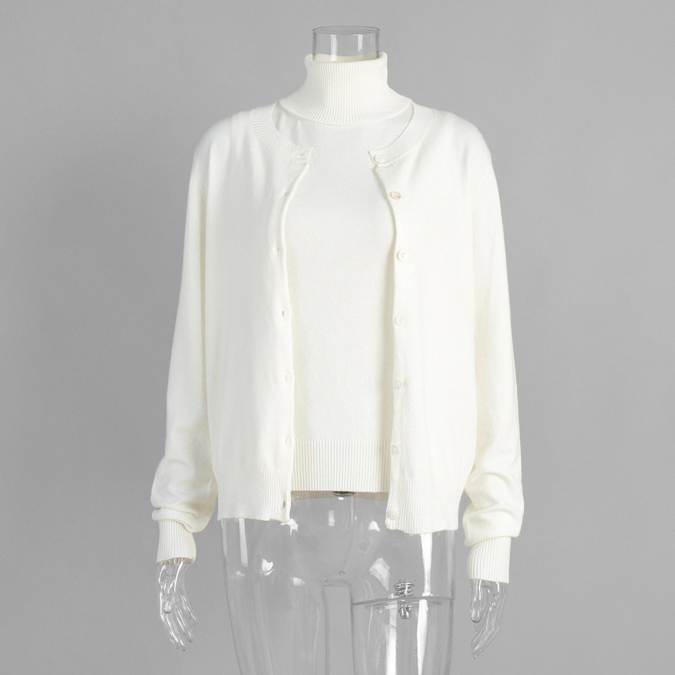 Bộ áo len dệt kim nữ cổ cao không tay kèm áo cardigan dáng suông — Áo vest màu nâu, Áo vest màu xám đậm, áo vest màu vàng, áo vest màu xanh chi tiết 3