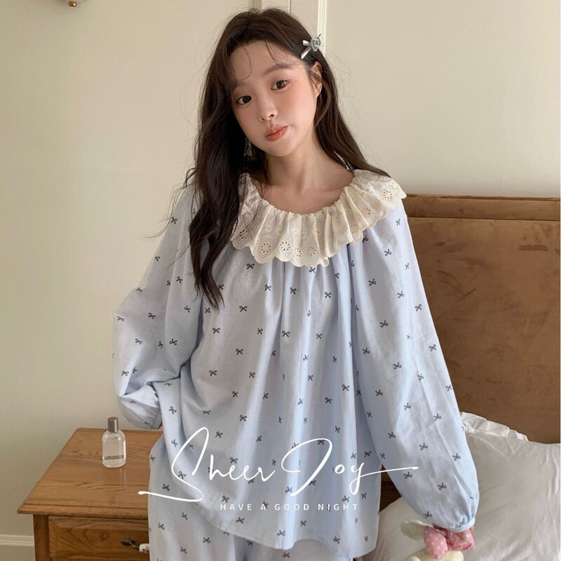 Double-Layer Gauze Round Neck Lace Cartoon Fresh Lila Garden Series Long-Sleeve Long Pants Mi Yun Blue