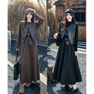 2026大码女装秋冬新款复古皮马甲上衣+长袖打底连衣裙两件套