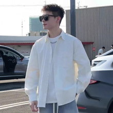 2025秋季文艺风撞色拼接翻领衬衫男休闲衬衣宽松情侣款长袖外套男