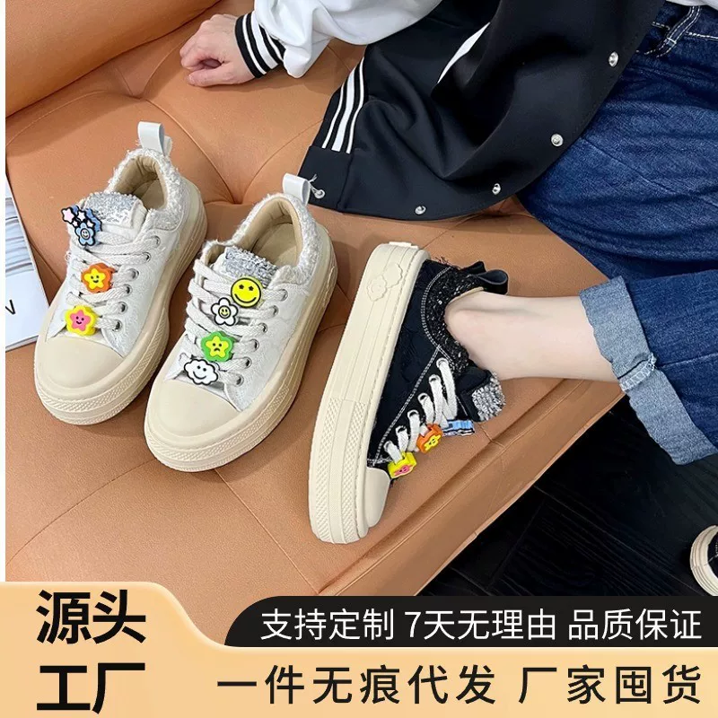 Cloth white shoes, casual footwear platform, sneakers, flowered