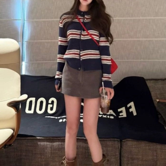 小香风撞色条纹毛衣开衫女秋冬加厚慵懒风设计感短款针织外套上衣|undefined