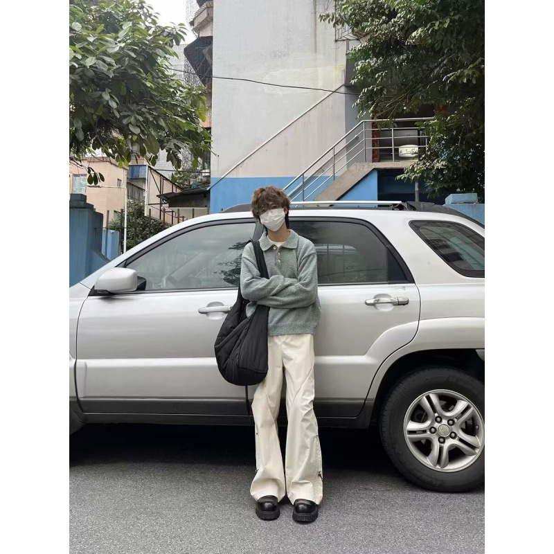 American Style Soft Waxy Atmosphere Loop Yarn Knitted Sweater Men's Short Wide Box Style Lazy Skin-Friendly Long Sleeve Top