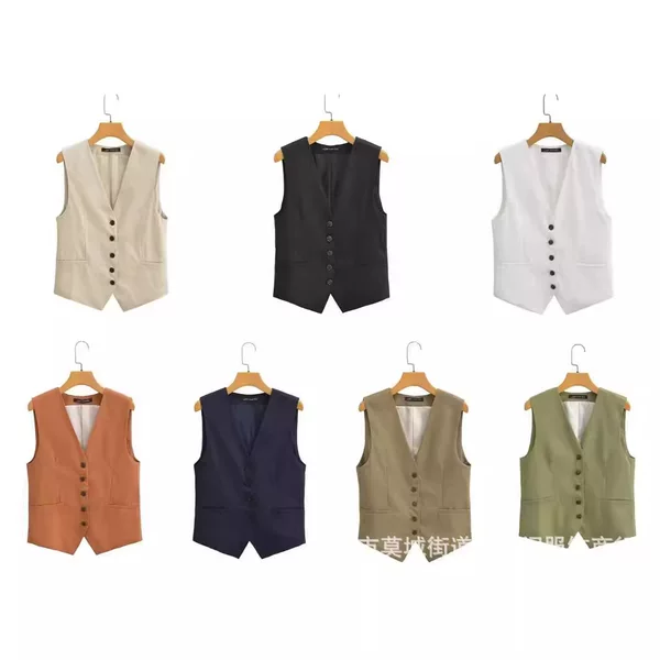 UC & ZA Cross-border Amazon European and American Style Summer Women's V-neck Slim Fit Slim Leisure Linen Suit Vest