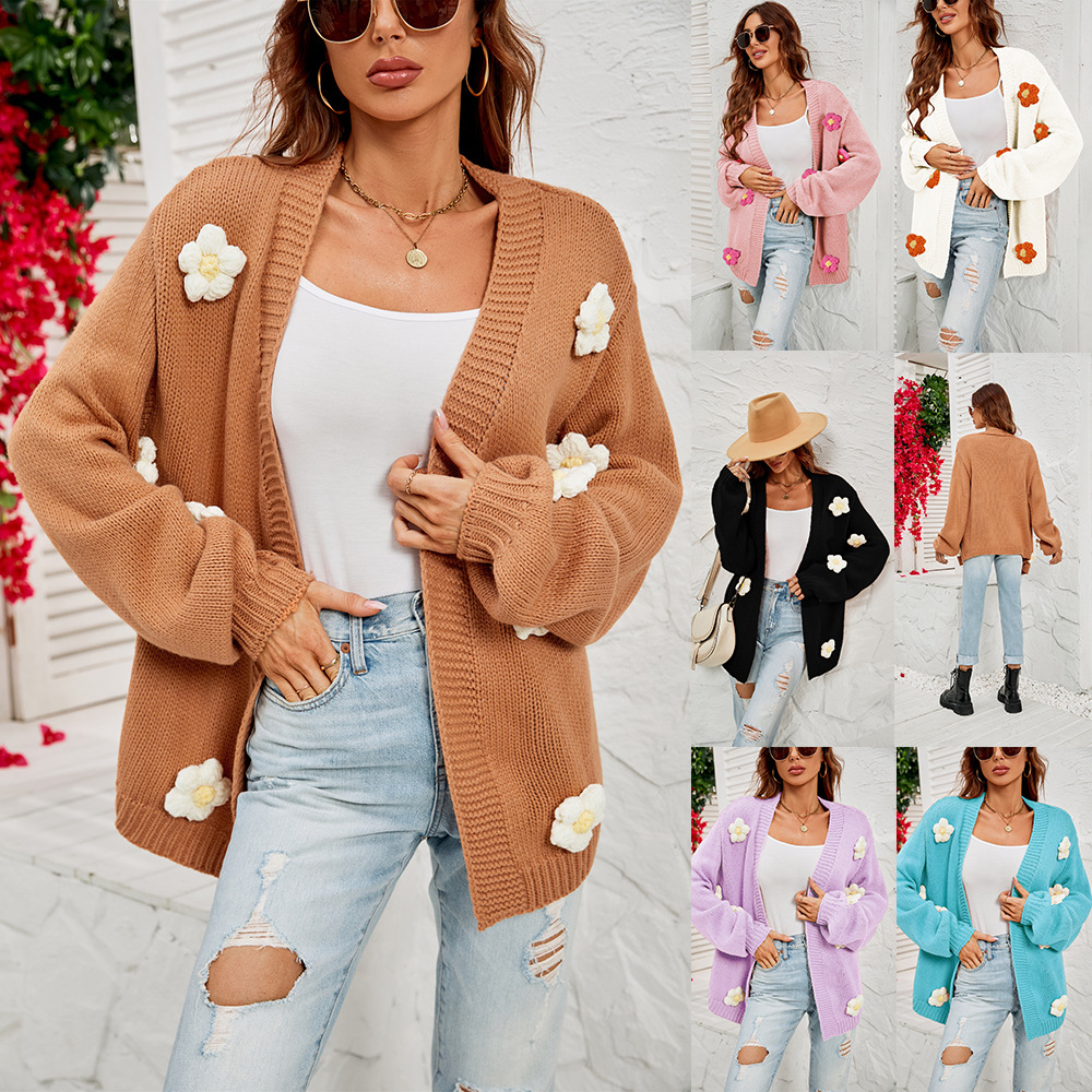 2023 primavera nuevo estilo europeo y americano de talla grande ropa de mujer rebeca de flores transfronterizas de Amazon suéter de manga de linterna chaqueta mujer image 1