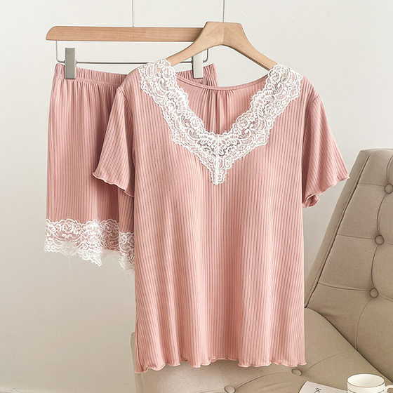 Summer Pajamas suit Women's Two-Piece Outfit Lace Home Clothes Short-Sleeved Shorts Home Clothes Casual with Chest Pad