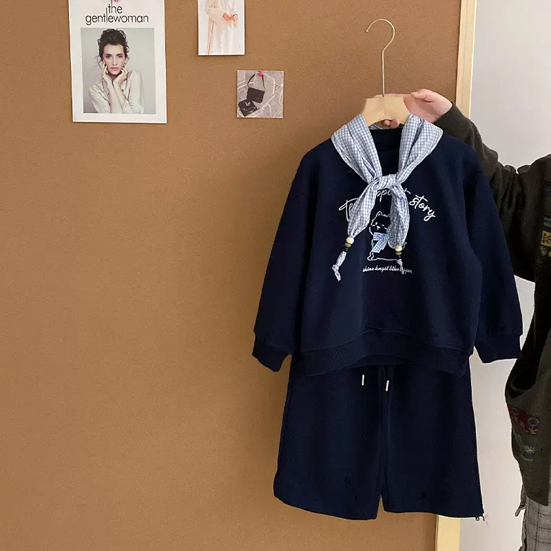 女童格子披肩纯棉春秋卫衣儿童韩版屁帘两件套2026宽松卫裤套装潮