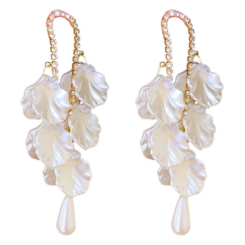 Aguja de Plata Perla flor Concha larga borla pendientes de luz de lujo pendientes de diseño de moda pendientes de alta calidad al por mayor