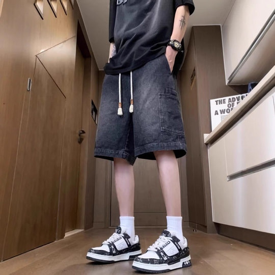 Large Pocket Workwear Denim Shorts Men's Summer Trendy Brand Casual Pants American Style Retro Loose Mid-length Pants for Teenagers