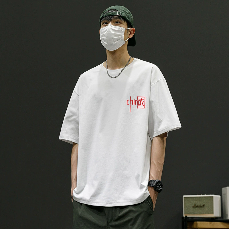 Мужская футболка с коротким рукавом, тяжелый вес, новая летняя модель, кросс-бордер, спущенное плечо, круглый вырез, модный стиль