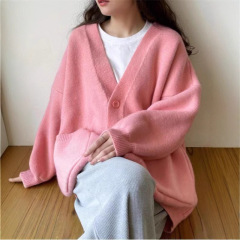 2025秋冬新款韩版V领简约宽松洋气慵懒风纯色针织开衫毛衣女外套
