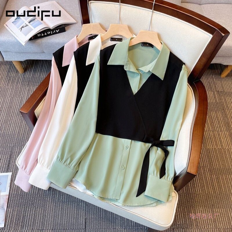 Wholesale Plus-Size Women's Clothing, Early Autumn New French-Style Tops, Unique Design, Chic Patchwork Fake Two-Piece Shirts, Trendy