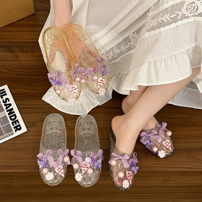 Korean Crystal Shoes, Sweet Style Princess Sparkling Jelly Shoes, Women's Flat Closed-Toe Slip-On Shoes, Beach Seaside Shoes