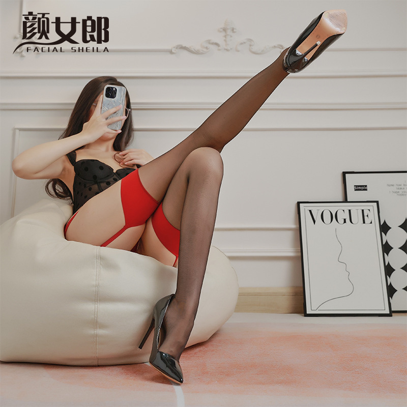 Sexy Women's Suspender Stockings for Nightclub Dancing, Black Silk One-Piece Stockings with Red Contrasting Edges, Long Tube Stockings for a Sexy Look Sexy Women's Suspender Stockings for Nightclub Dancing, Black Silk One-Piece Stockings with Red Contrasting Edges, Long Tube Stockings for a Sexy Look