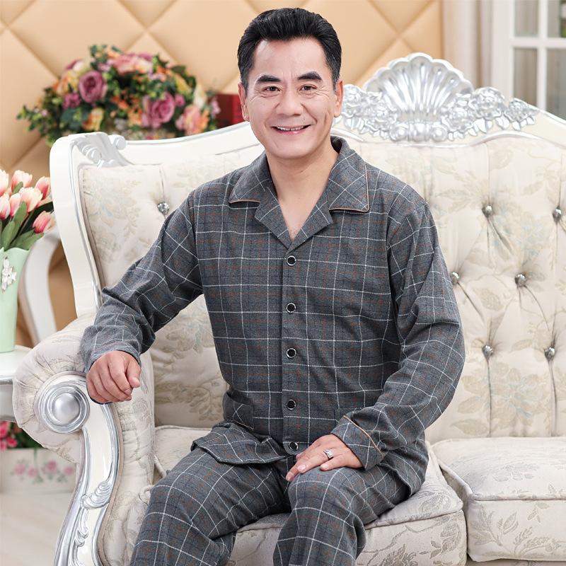 Pijama de mediana edad y ancianos primavera y otoño de los hombres 100% algodón de manga larga hogar ^ más el tamaño de mediana edad papá traje de dos piezas