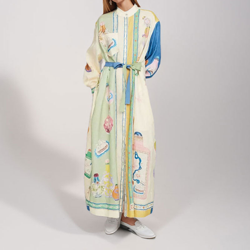 2025 AliExpress Ropa de mujer transfronteriza europea y americana nueva impresión de manga larga cintura temperamento elegante vestido de primavera con cuello en V image 3