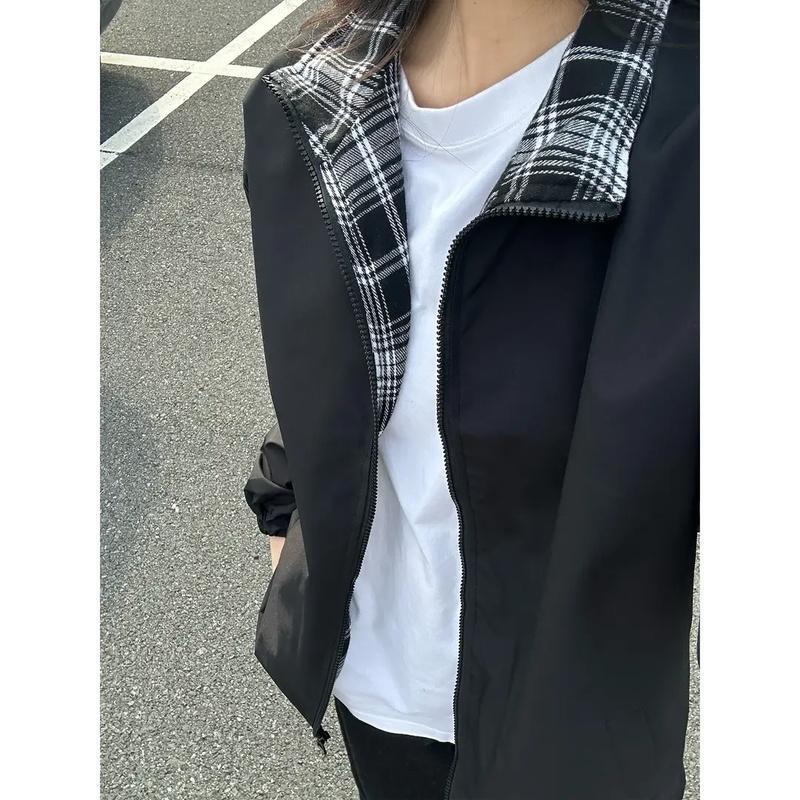跨境男士格子双面秋季夹克新款百搭潮牌美式立领外套宽松休闲情侣|undefined
