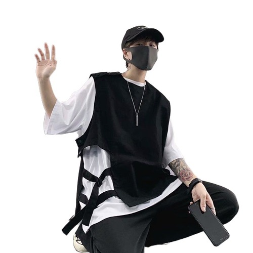 Eurasian high-street functional-style vest, layered male trendy personalized woven lapel jacket, cool punk workwear vest, male outerwear