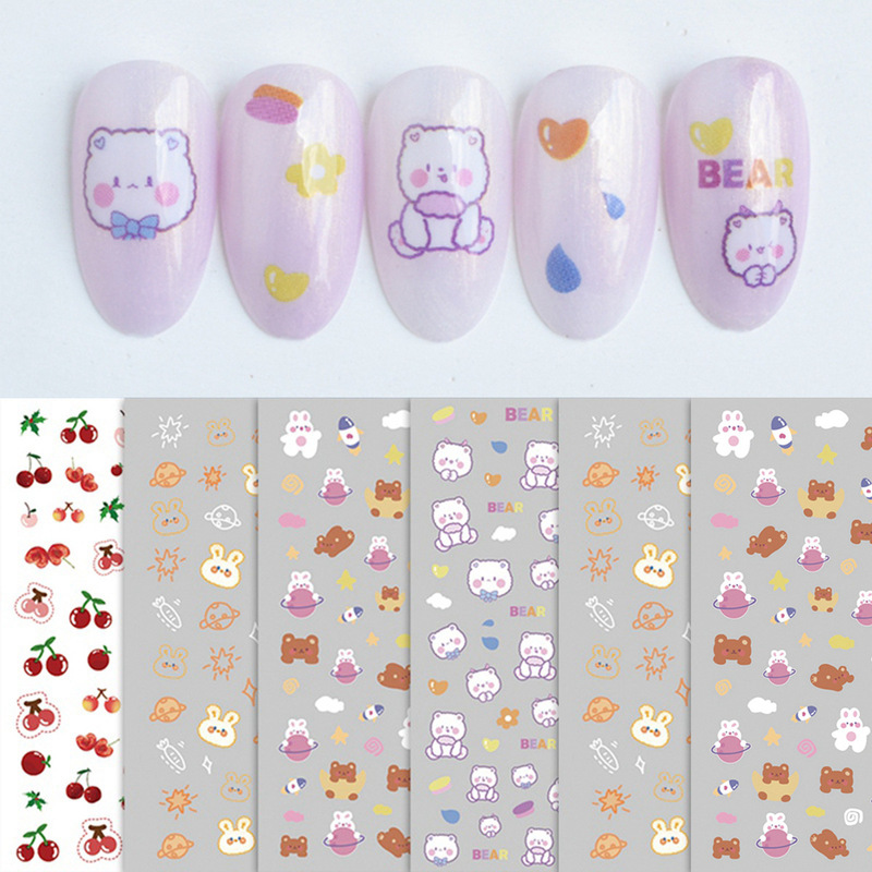Nail Art Stickers Cute Cartoon Cherry Bear Rabbit Japanese Simple Painted Nail Decals