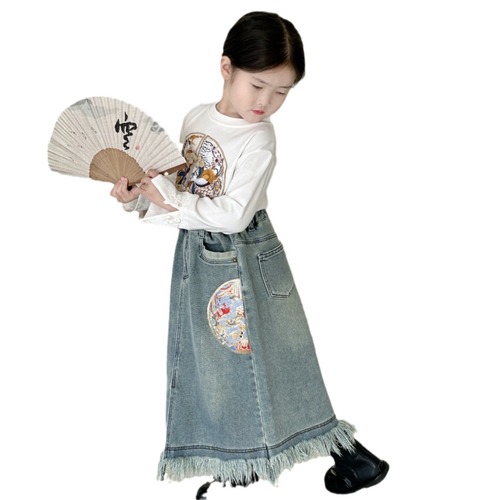 2024 spring new children's clothing, girls' new Chinese style T-shirt, spring long-sleeved T-shirt, trendy style T-shirt