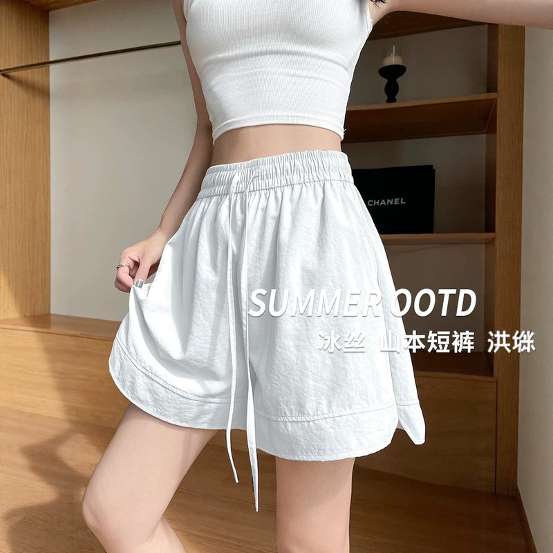White ice silk quick-dry shorts for women, summer 2026 new model, casual loose fit, plus size, for plus-size women, knee-length sports shorts White ice silk quick-dry shorts for women, summer 2026 new model, casual loose fit, plus size, for plus-size women, knee-length sports shorts