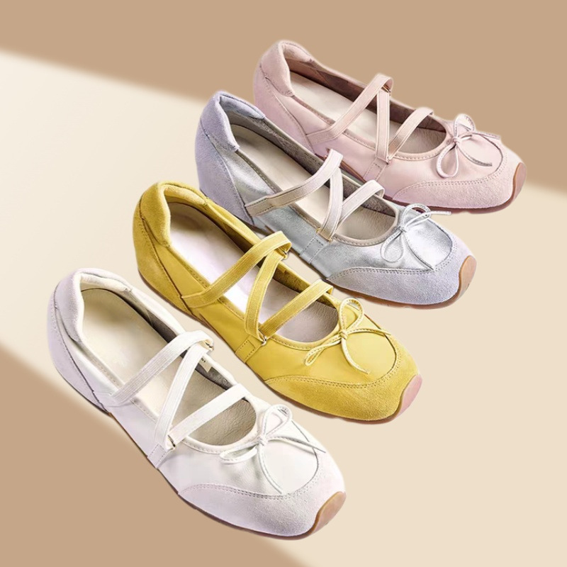 Cowhide~Casual Solid Color Shallow-Mouthed Single Shoes for Women 2026 Summer New Style Bowknot Height-Increasing Sports Ballet Mary Jane Shoes