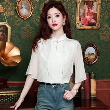 新中式国风白色立领短袖衬衫汉元素改良汉服上衣女