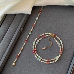 Fashionable Casual Exquisite Artistic Handmade Tianshuilan Color Stone Personality Stitching Beaded Pearl Collarbone Necklace for Women