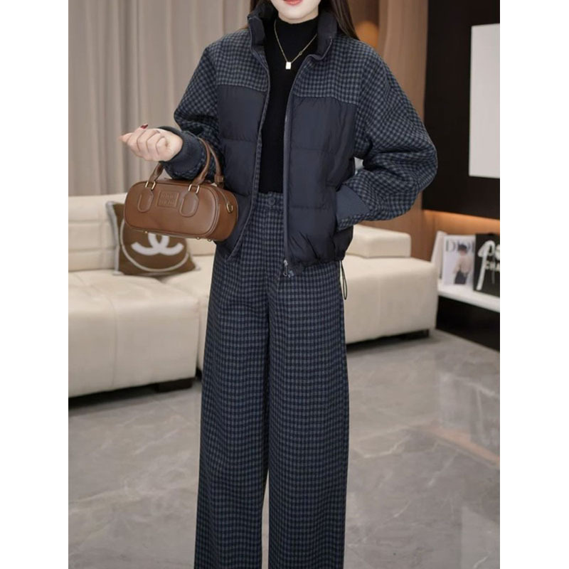 时尚加厚保暖棉服套装女2025冬季新款洋气显瘦拼接格纹休闲套装潮