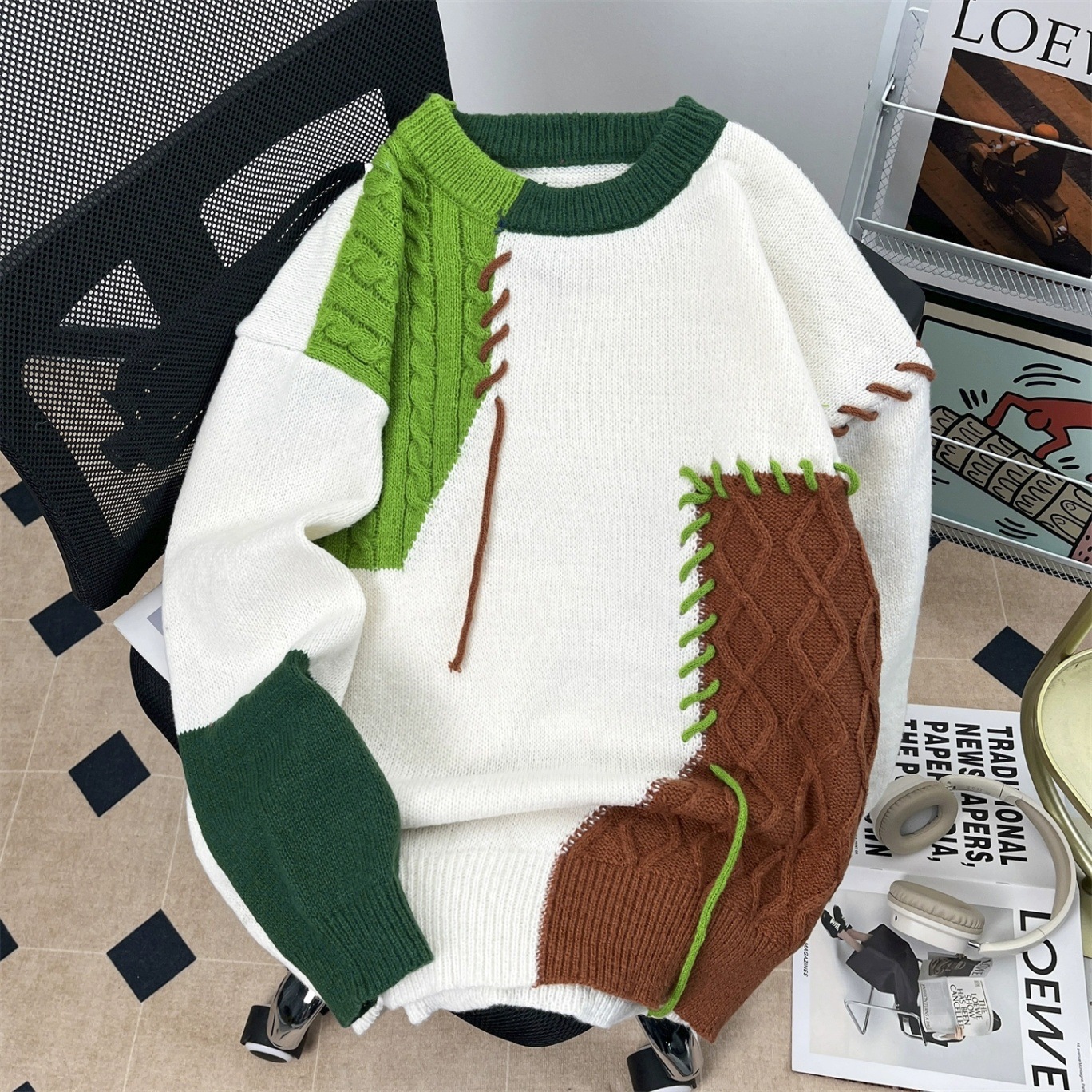 Al por mayor transfronterizo nueva moda jersey de punto hombre manga larga negro blanco naranja blanco verde en stock transpirable