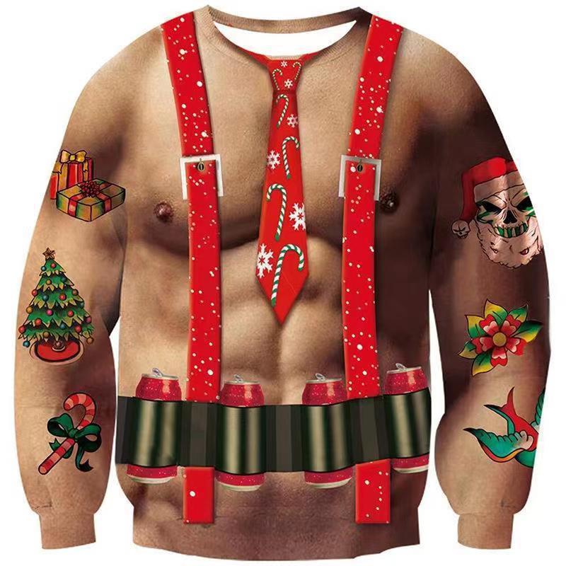 jongen Europees en Amerikaans grensoverschrijdend onafhankelijk station Kerstmis 3D digitale print borst haar grappig patroon ronde hals_voghion.com