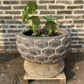 黑青石莲花石盆庭院别墅青石花盆园林景区户外莲花石盆景观摆件