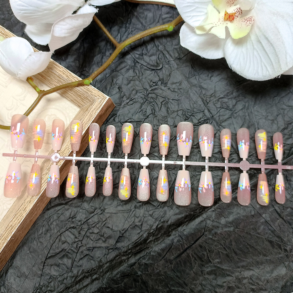 30 piezas de tamaño dividido con uñas falsas, ojos de gato, uñas largas, flores de tres colores, uñas prefabricadas, uñas