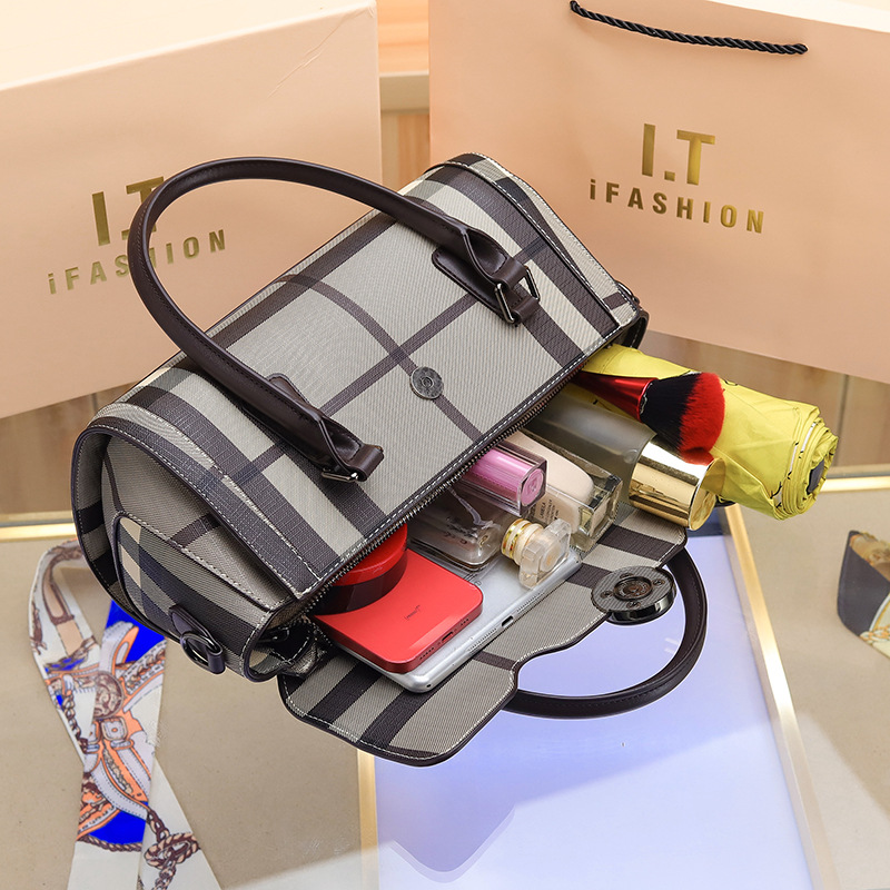 Nischendesign neue Damentasche Mode Plaid Print Handtasche Kontrastfarbe Boston Tasche Schulter Umhängetasche Großhandel_voghion.com