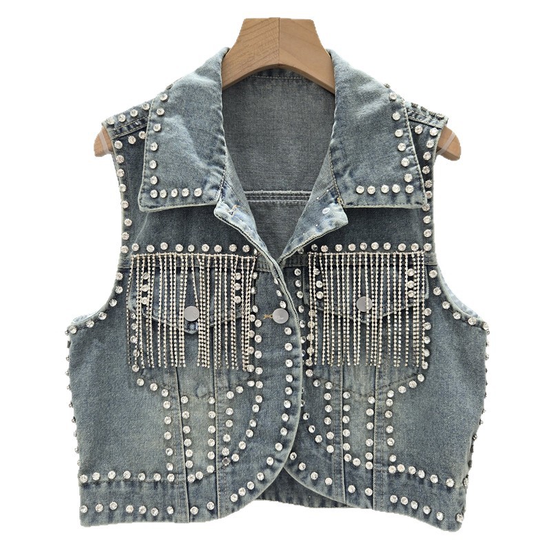 industria pesada diamante chaqueta denim mujer primavera y verano 2026 nuevo suelto delgado versátil chaleco sin mangas de mercadería europea