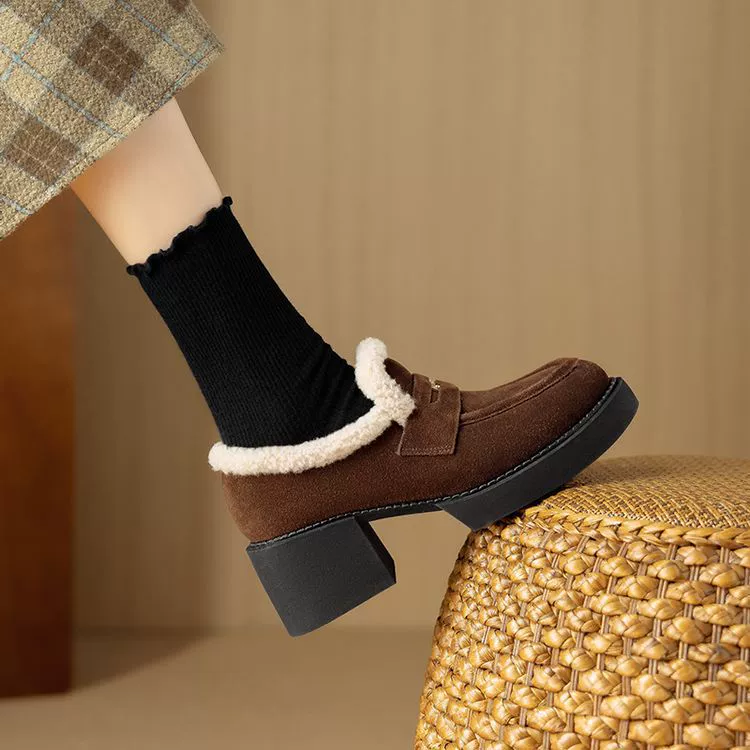 6CM Теплые и утолщенные ботинки Lamb Leufu на толстом каблуке из кожи Mailad коричневые кожаные туфли на высоком каблуке