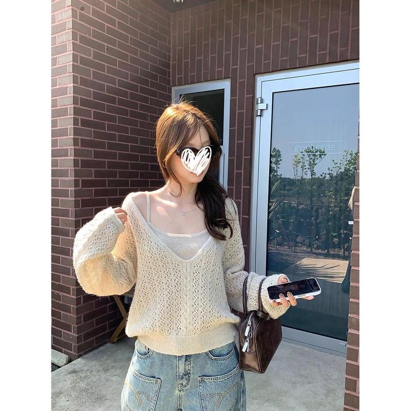 针织罩衫配背心吊带女早秋季领镂空韩系慵懒氛围感长袖上衣|undefined
