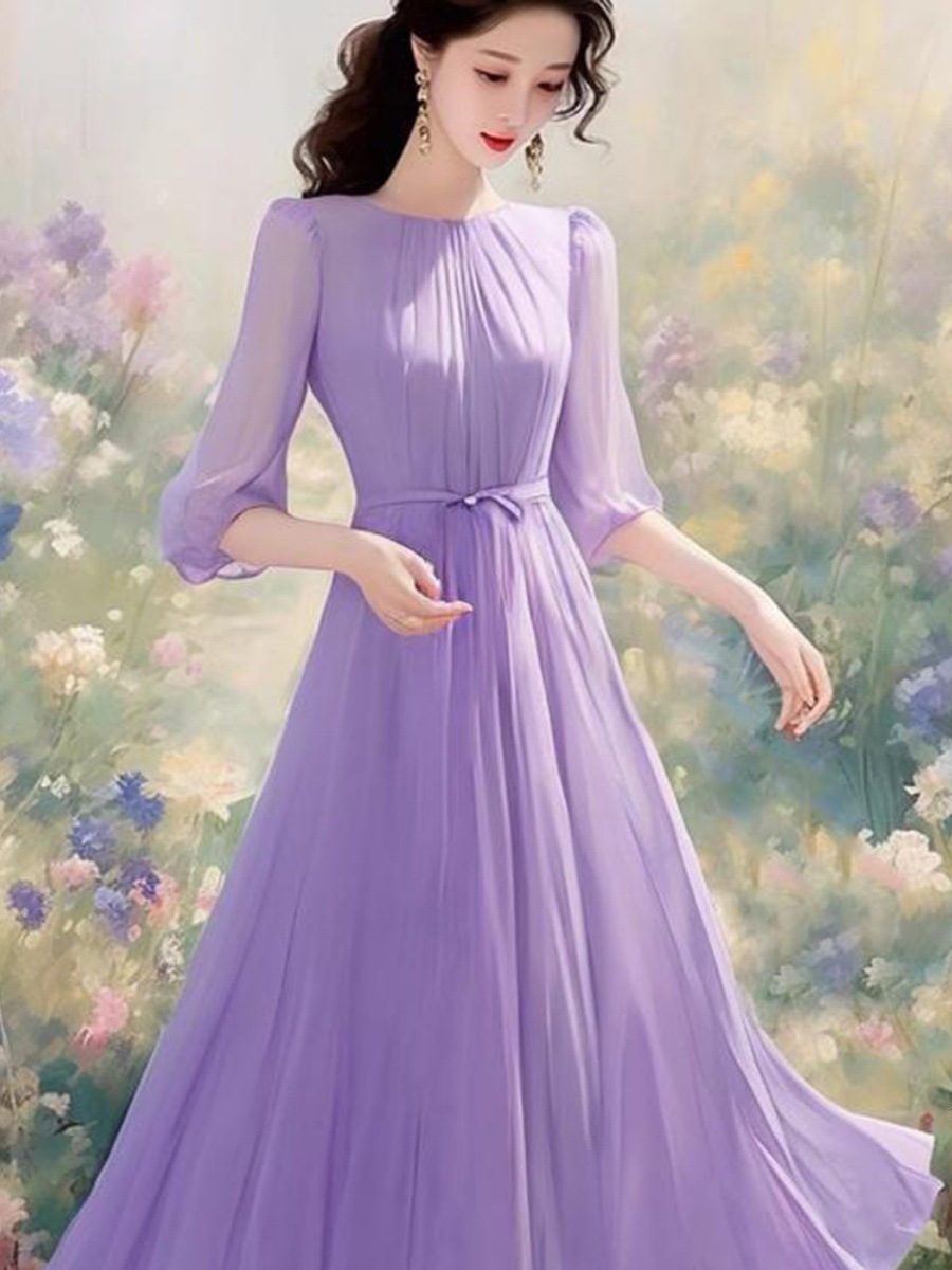 Váy liền voan tím phong cách Hepburn Pháp dáng dài thắt eo — Màu tím chi tiết 5
