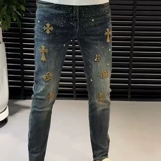 高端刺绣牛仔裤男九分裤潮流个性痞帅花裤子弹力修身小脚裤长裤男