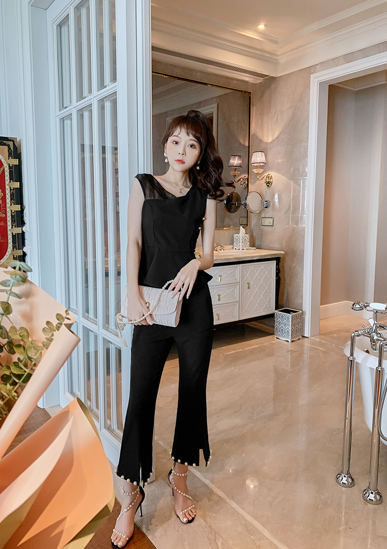 Bộ vest nữ công sở hè áo bèo nhún quần ống loe hai mảnh — Màu đen chi tiết 17