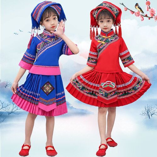 New minority ethnic clothing for children, San Yue San Zhuang and Miao dance costumes for girls, Tujia and Yi performance costumes