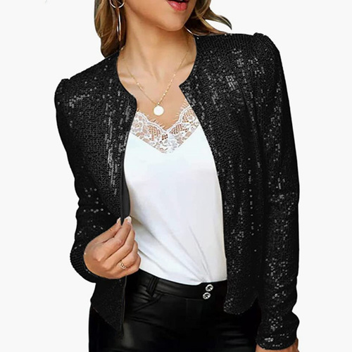 2024 Cross-Border Spring New European and American Women's Fashion Round Neck Solid Color Sparkling Jacket Short Length Casual Matchy Jacket