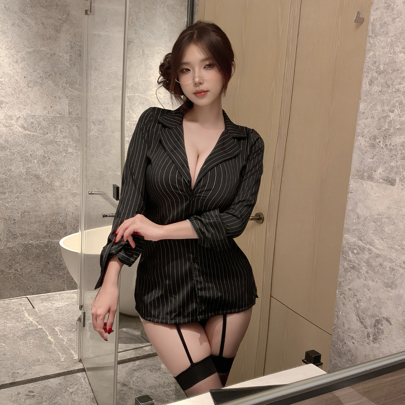 Sexy Lingerie for Mature Women, Sexy Striped Straps, Waist Slimming Women's Shirt Suit, Uniform Temptation 1215