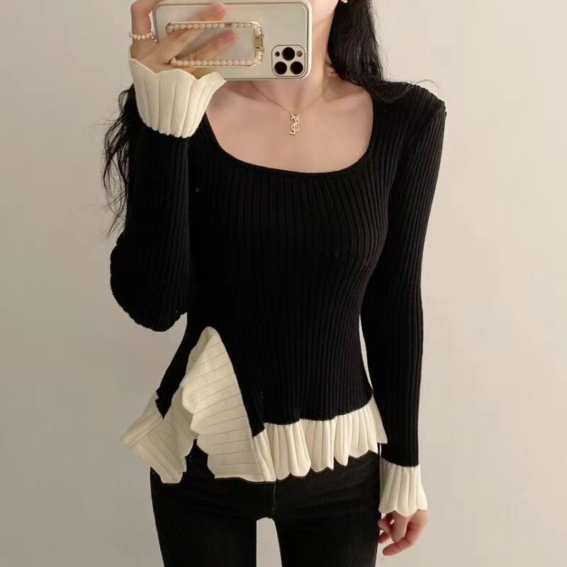 Design retro knitted black base sweater